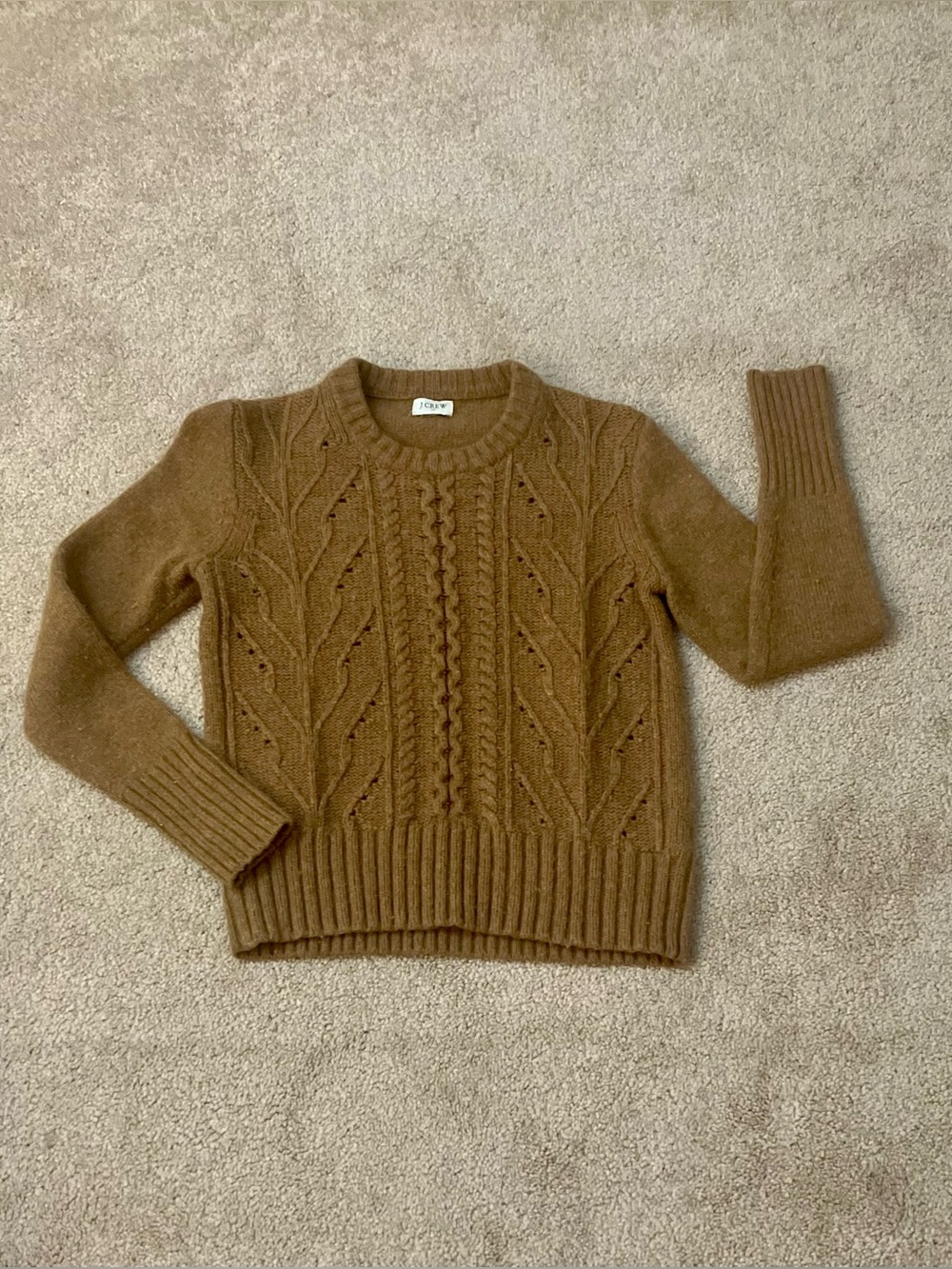 J. Crew Pointelle Cable-Front Pullover Wool Blend Sweater, Brown - Size XS (GUC)